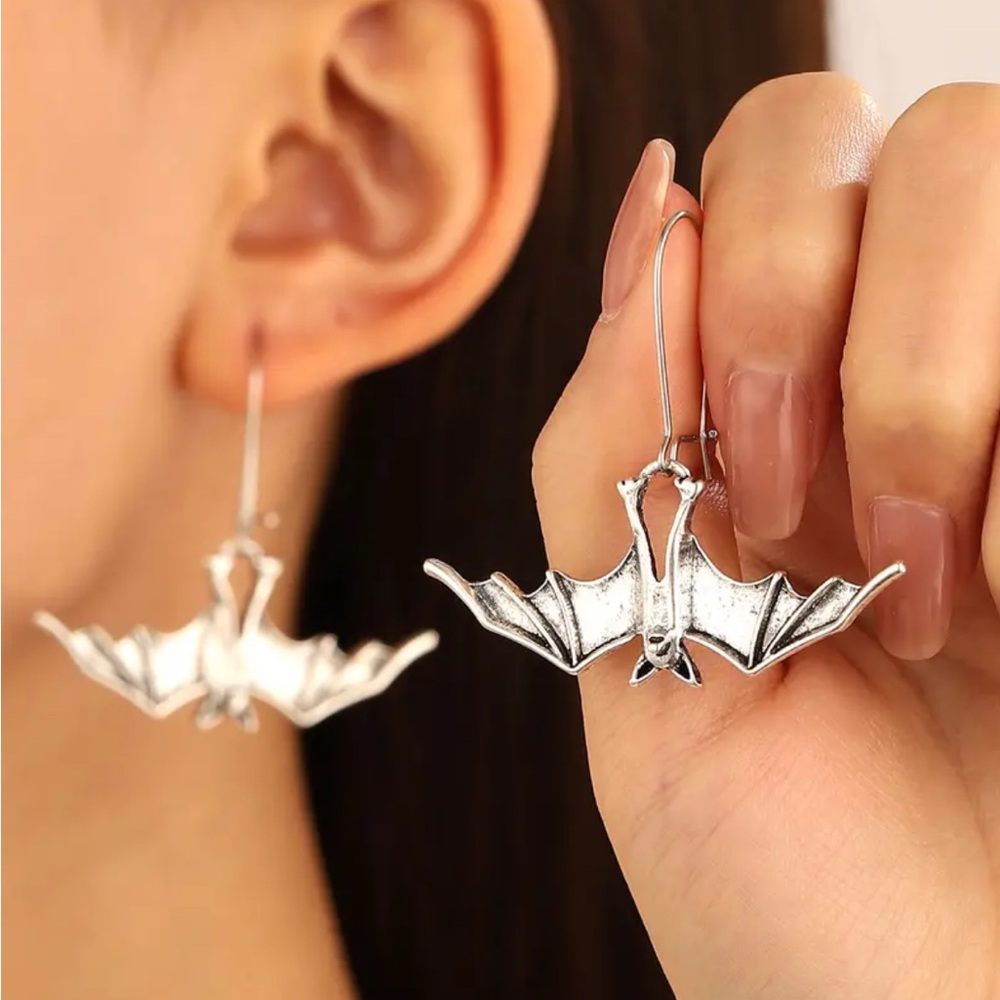 Silver Gothic Hanging Bat Earrings - Picture 2 of 4